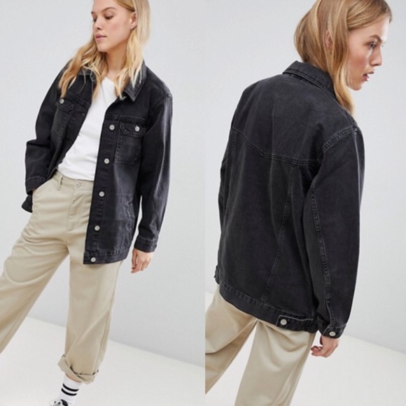 asos design denim girlfriend jacket in washed black